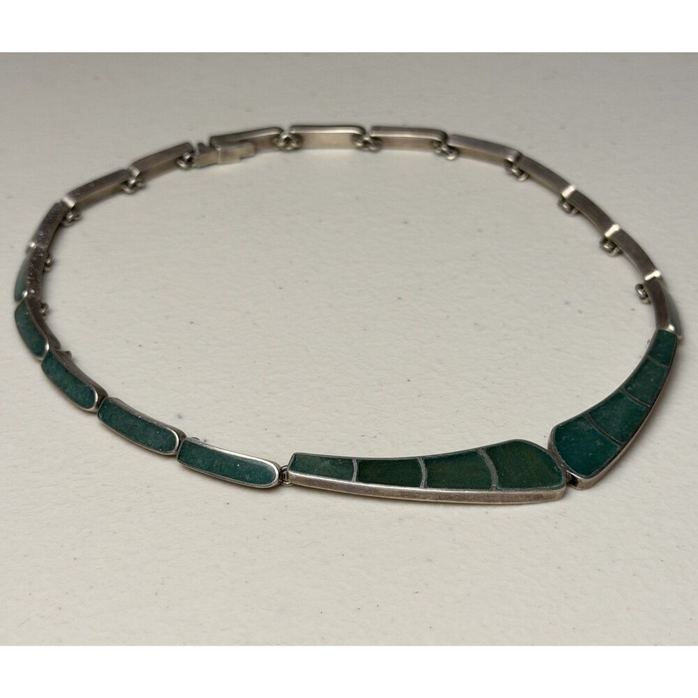 Vintage Taxco Mexico Green Inlay Sterling Silver Necklace